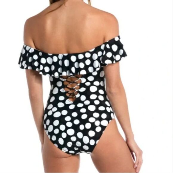 NEW La Blanca Size 6 Mod For Dot Polka Dot Ruffle One Piece Swimsuit Black White - Picture 2 of 15